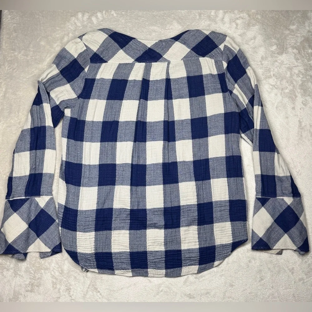 Anthropologie Cloth & Stone Gingham Plaid Gauzy Navy Blue Grey Blouse Medium